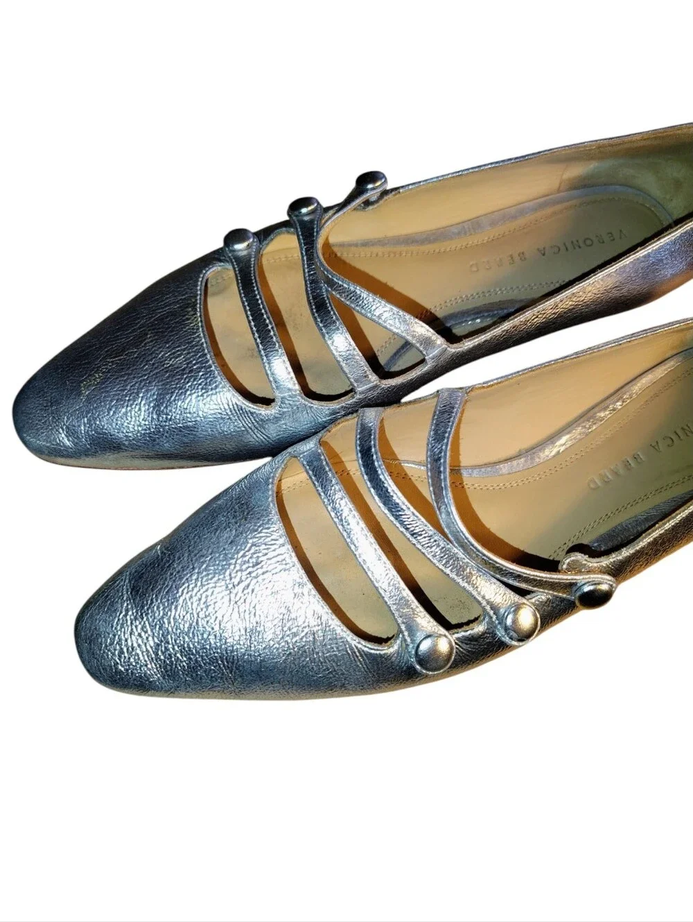 Veronica Beard Metallic Silver Crinkle Triple-Strap Mary Jane Flat Size 10 US 54 - Picture 9 of 16